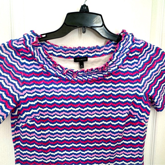 TALBOTS JERSEY KNIT RUFFLED NECK DRESS. PINK & PURPLE ZIG ZAG STRIPES. LIKE NEW - Picture 7 of 10
